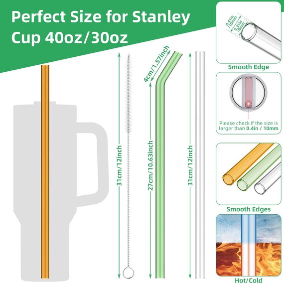 Glasstrohhalme 31cm Lange Durchmesser 1cm für Stanley Adventure Quencher Reisebecher 40oz, 8 Stück Bunt Ersatz Trinkhalme mit 2 Reinigungsbürsten, Wiederverwendbar Strohhalme, Stanley Cup Zubehör