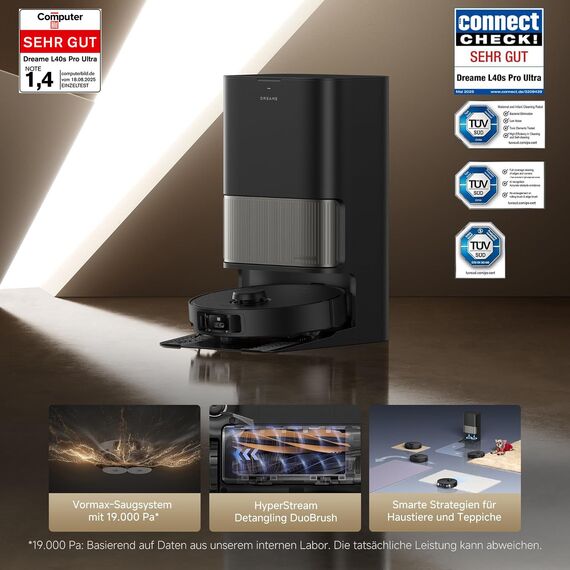 dreame L40s Pro Ultra Saugroboter, selbstreinigende Wischmopps, 19.000 Pa Saugkraft, 100% Detangling DuoBrush, ausfahrbare Wischmopps, Hindernisvermeidung für mehr als 180 Objekte, Sprachsteuerung