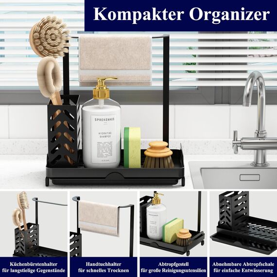 Kitsure Küchen Organizer - Spülbecken Organizer aus Edelstahl, Multifunktionaler Organizer Küchen mit abnehmbarer Auffangwanne, Schwammhalter Küche, 22.0cm x 13.6cm x 22.7cm, Schwarz