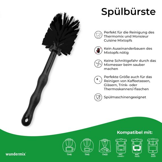 Wundermix - Mixtopf-Spülbürste für deine Küchenmaschine (1 St.) • Reinigungsbürste für Mixtöpfe gängiger Küchenmaschinen • Robuste Bürste mit Nylon-Borsten • Spülbürste (Vollschwarz)