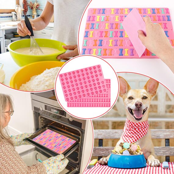 Mexgcom 2 Stück Silikon Backmatte Hundekekse, Mini Hundeknochen Form + Fußabdruck Form, Antihaftend Backmatte Hundekekse Mit Bürsten- und Teigmesser für DIY Hundeleckerlies, Kekse, BPA-Frei