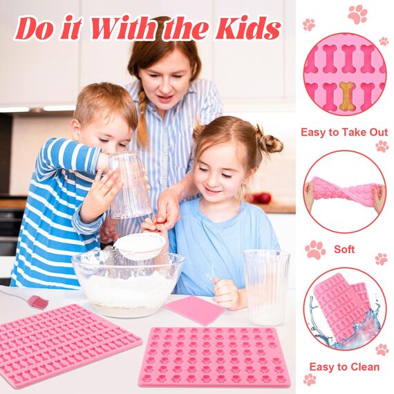 Mexgcom 2 Stück Silikon Backmatte Hundekekse, Mini Hundeknochen Form + Fußabdruck Form, Antihaftend Backmatte Hundekekse Mit Bürsten- und Teigmesser für DIY Hundeleckerlies, Kekse, BPA-Frei