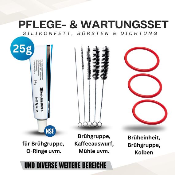fancility® Zubehör Ersatzteile & Reinigungs-Set für Philips Kaffeevollautomaten 25g Silikonfett, 3 O-Ring Dichtungen für Brühgruppe Brüheinheit uvm. Saeco Latte go Spidem Gaggia etc. + 5 Bürsten