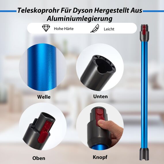 Verlängerungsrohr für Dyson Rohr V11 Kompatibel mit Dyson Saugrohr V15 V 11 V10 V8 V7, Starres Teleskoprohr, V10 Ersatzteile Verlängerungsstange mit Zwei 2-in-1-Bürsten, Blau