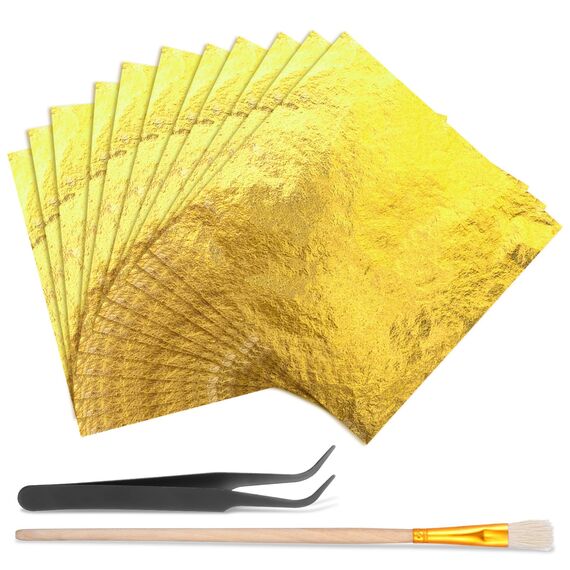 150 Blatt Goldfolie Flocken blattgold essbar Goldfolie Papier 14X14CM Blattgold torten deko mit Pinzetten und Bürsten,Blattgold Imitation für Vergoldung,Malerei,Küche Mousse Kuchen,Handwerk Nägel
