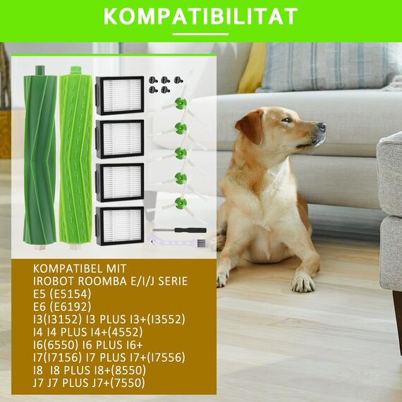 PIBONUS Bürsten Ersatzteile für iRobot Roomba e/i/j Serie i7 + i3+ i4+ i6+ i8+ j7 E5 E6 E7 Saugroboter Zubehör 1 Set Gummi-Bürste, 5 Kantenreinigungsbürsten, 4 Hochleistungsfilter