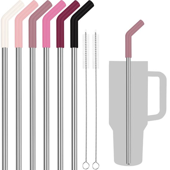 Tomorotec 6Pcs Strohhalme Edelstahl mit Silikonspitzen, Passend für Stanley 40 oz Stanley Tumbler, 30 cm strohhalme wiederverwendbar mit bunten Verlängerungen und 2 Bürsten Pink