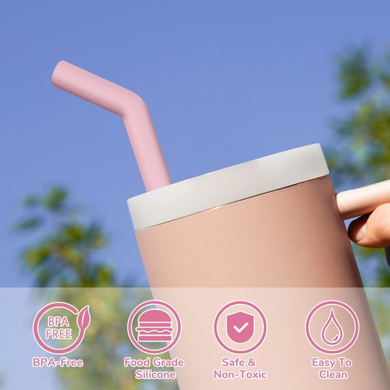 Tomorotec 6Pcs Strohhalme Edelstahl mit Silikonspitzen, Passend für Stanley 40 oz Stanley Tumbler, 30 cm strohhalme wiederverwendbar mit bunten Verlängerungen und 2 Bürsten Pink