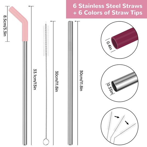 Tomorotec 6Pcs Strohhalme Edelstahl mit Silikonspitzen, Passend für Stanley 40 oz Stanley Tumbler, 30 cm strohhalme wiederverwendbar mit bunten Verlängerungen und 2 Bürsten Pink