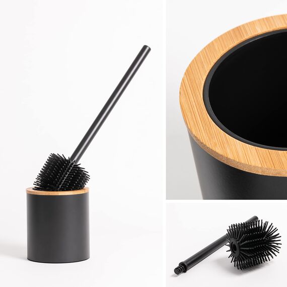 KAZAI. Silikon Toiletten-Bürste & Klobürsten-Halter in Holzoptik | Klobürste in Edelstahl mit Silikonkopf | Metall WC-Bürsten-Halter in Natur-Bambus | Stehende WC-Bürste für das Badezimmer | Schwarz