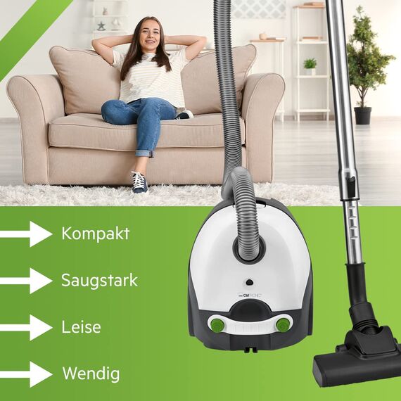 Clatronic® Bodenstaubsauger mit energiesparenden 700 Watt | Staubsauger mit 5-Fach Mikrofiltersystem | Sauger mit Beutel | Umschaltbare Bodenbürste und Bürsten-/Fugendüse | BS 1300 N weiß