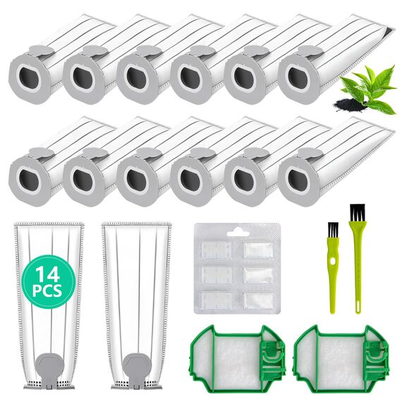 14 Staubsaugerbeutel für Vorwerk Kobold VK7 FP7 mit 2 Filtern, 6 Duftblöcken, 2 Bürsten, VK7 Staubsaugerbeutel für Vorwerk, FP7 Premium Filtertüten für Kobold