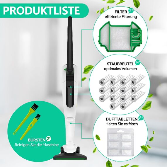 14 Staubsaugerbeutel für Vorwerk Kobold VK7 FP7 mit 2 Filtern, 6 Duftblöcken, 2 Bürsten, VK7 Staubsaugerbeutel für Vorwerk, FP7 Premium Filtertüten für Kobold