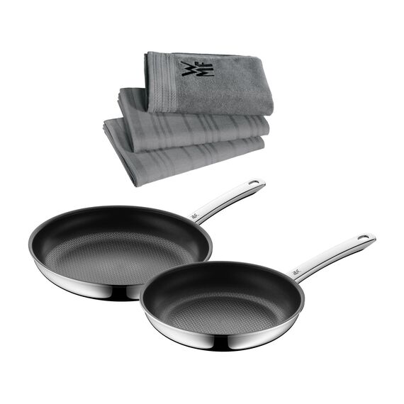 WMF Set 3-teilig Küchenhandtuch-Set (3-teilig), Baumwolle, Logo und Profi Resist Bratpfanne Induktion 24 cm, Wabenstruktur und Profi Resist Bratpfanne Induktion 28 cm, Wabenstruktur