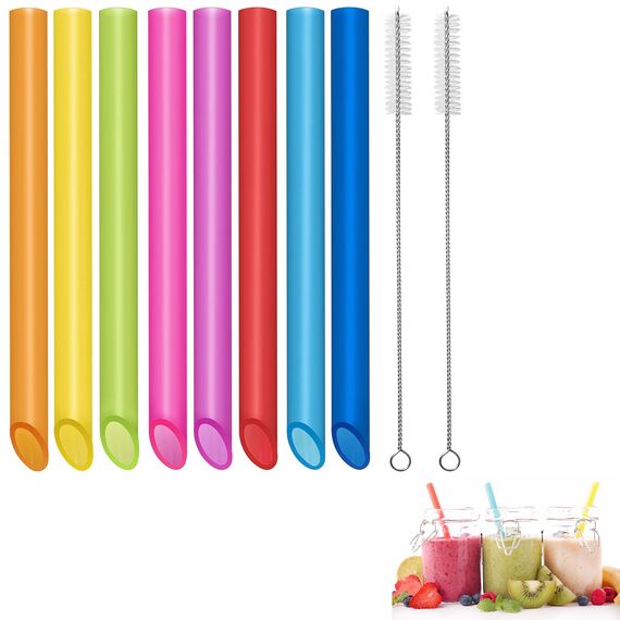 vgggrd 10 Wiederverwendbare Boba-Smoothie-Strohhalme mit 2 Bürsten, Bubble Tea Farbige 12 mm, BPA-freie Kunststoff-Strohhalme, Spitzes Design 26CM Lange