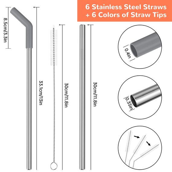 Tomorotec 6Pcs Strohhalme Edelstahl mit Silikonspitzen, Passend für Stanley 40 oz Stanley Tumbler, 30 cm strohhalme wiederverwendbar mit bunten Verlängerungen und 2 Bürsten Morandi Colors