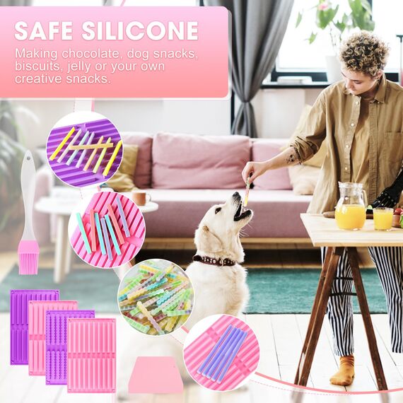 VFANDV 4 Stück Backmatte Hundekekse, 20 Riegel Silikonform Hundeleckerli, Silikon Backmatte Hundekekse, Backform Müsli Riegel, mit Teigspatel und Bürsten, für Selbstgemachte Hundesnacks Snacks