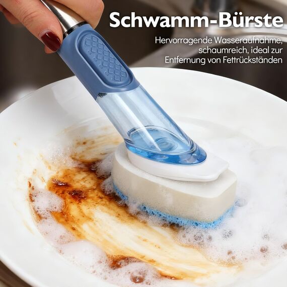 MASTERTOP Spülbürste mit Spülmittelspender, Befüllbare Spülbürste, Reinigungsbürste Set mit 4 Ersat Bürsten Köpfe, Multifunktional Geschirrbürste Küchenbürste für Topf, Pfanne, Spülbecken Reinigung