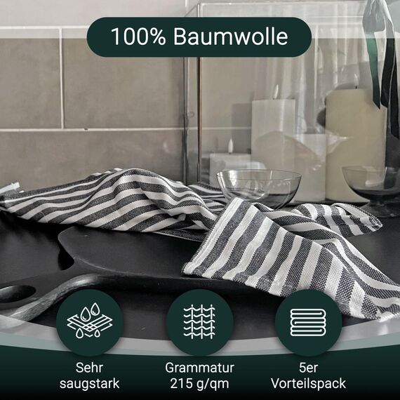 ZOLLNER 5er Set Geschirrtücher Baumwolle in 50x70 cm - saugstarke und langlebige Küchentücher - waschbar bis 60°C – in schwarz gestreift- Gastronomiequalität - Oeko Tex® Zertifiziert