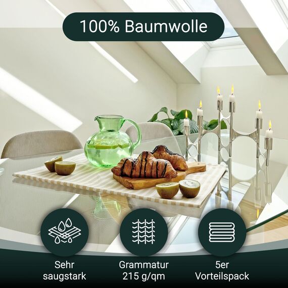 ZOLLNER 5er Set Geschirrtücher Baumwolle in 50x70 cm - saugstarke und langlebige Küchentücher - waschbar bis 60°C – in beige gestreift- Gastronomiequalität - Oeko Tex® Zertifiziert