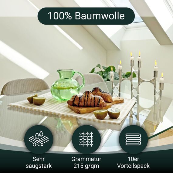 ZOLLNER 10er Set Geschirrtücher Baumwolle in 50x70 cm - saugstarke und langlebige Küchentücher - waschbar bis 60°C – in beige gestreift- Gastronomiequalität - Oeko Tex® Zertifiziert