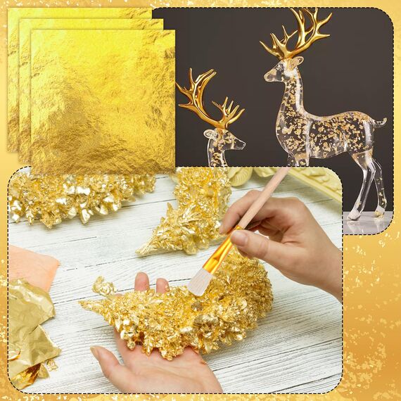 150 Blatt Goldfolie Flocken blattgold essbar Goldfolie Papier 14X14CM Blattgold torten deko mit Pinzetten und Bürsten,Blattgold Imitation für Vergoldung,Malerei,Küche Mousse Kuchen,Handwerk Nägel