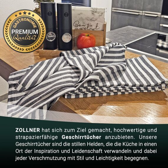 ZOLLNER 10er Set Geschirrtücher Baumwolle in 50x70 cm - saugstarke und langlebige Küchentücher - waschbar bis 60°C – in schwarz gestreift- Gastronomiequalität - Oeko Tex® Zertifiziert