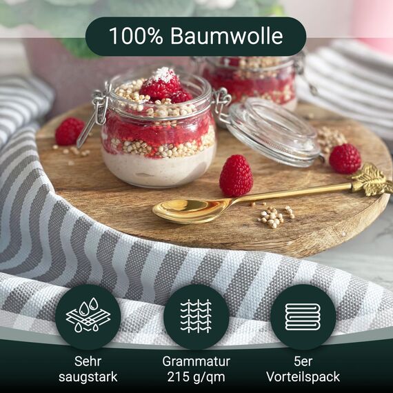 ZOLLNER 5er Set Geschirrtücher Baumwolle in 50x70 cm - saugstarke und langlebige Küchentücher - waschbar bis 60°C – in grau gestreift- Gastronomiequalität - Oeko Tex® Zertifiziert