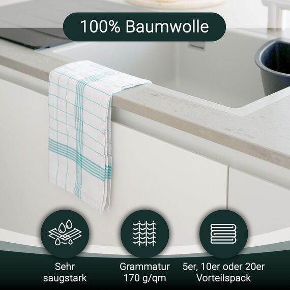 ZOLLNER 10er Set Geschirrtücher Baumwolle in 50x70 cm - super saugstarke und langlebige Küchentücher - waschbar bis 95°C – in türkis weiß kariert - Gastronomiequalität - Oeko Tex® Zertifiziert