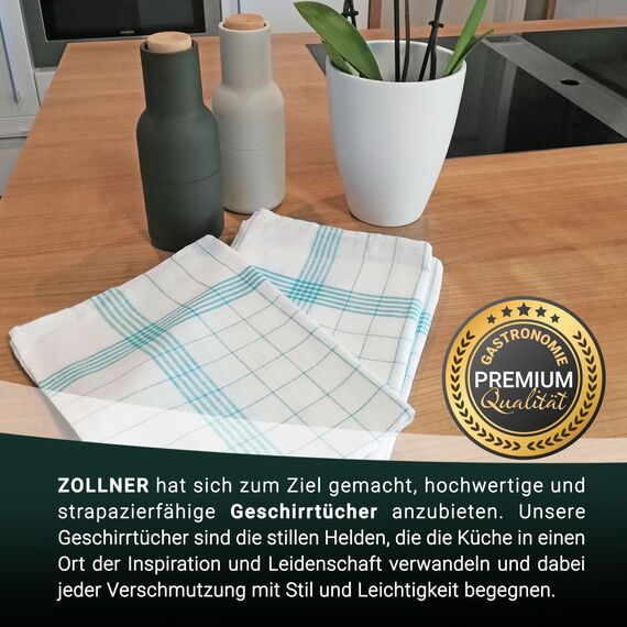ZOLLNER 10er Set Geschirrtücher Baumwolle in 50x70 cm - super saugstarke und langlebige Küchentücher - waschbar bis 95°C – in türkis weiß kariert - Gastronomiequalität - Oeko Tex® Zertifiziert
