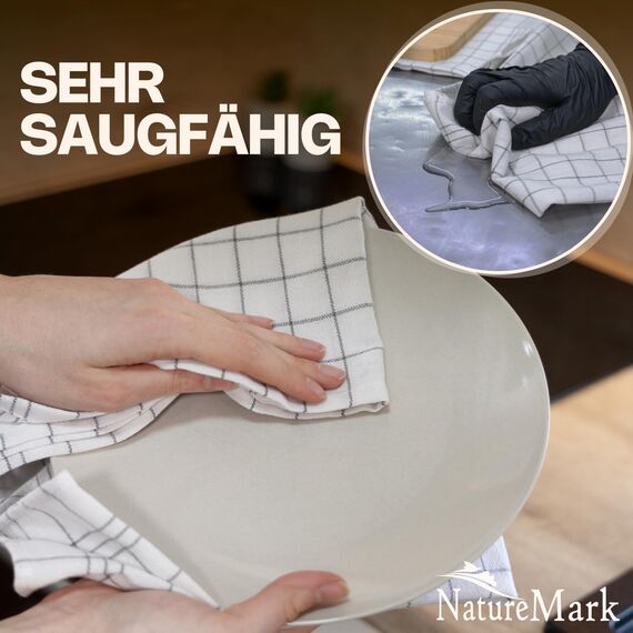 NatureMark 10er Set Geschirrtücher 50x70 cm – 100% Baumwolle, saugfähig & strapazierfähig – Geschirrtücher und Küchentücher für Haushalt und professionelle Küchen, inklusive E-Book, Farbe: Anthrazit
