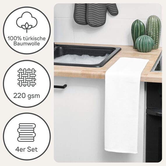 Bellphany 4er Set Geschirrtücher - Küchentücher 100% türkische Baumwolle, Oeko-TEX® zertifizierte Geschirrhandtücher, 45x60cm, weiß einfarbig