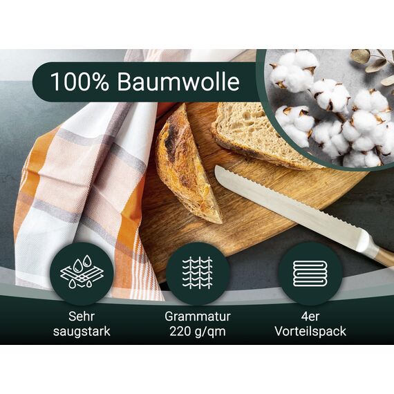 ZOLLNER 4er Set Geschirrtücher Baumwolle in 50x70 cm - saugstarke und robuste Küchentücher - waschbar bis 60°C – in braun kariert - Gastronomiequalität - Oeko Tex® Zertifiziert