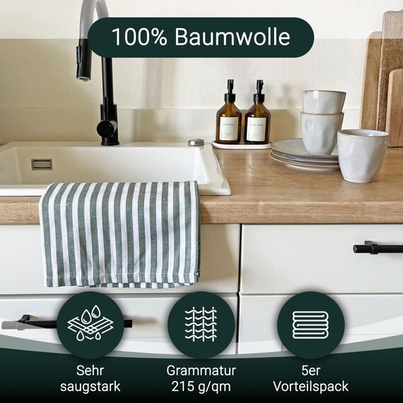 ZOLLNER 5er Set Geschirrtücher Baumwolle in 50x70 cm - saugstarke und langlebige Küchentücher - waschbar bis 60°C – in dunkelgrün gestreift- Gastronomiequalität - Oeko Tex® Zertifiziert