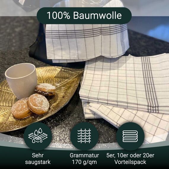 ZOLLNER 20er Set Geschirrtücher Baumwolle in 50x70 cm - super saugstarke und langlebige Küchentücher - waschbar bis 95°C – in grau weiß kariert - Gastronomiequalität - Oeko Tex® Zertifiziert