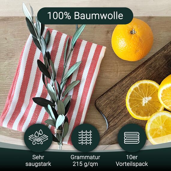 ZOLLNER 10er Set Geschirrtücher Baumwolle in 50x70 cm - saugstarke und langlebige Küchentücher - waschbar bis 60°C – in rot gestreift- Gastronomiequalität - Oeko Tex® Zertifiziert