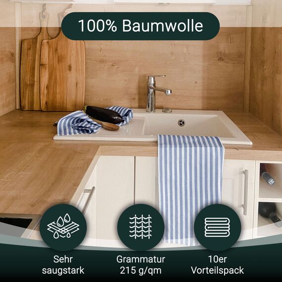 ZOLLNER 10er Set Geschirrtücher Baumwolle in 50x70 cm - saugstarke und langlebige Küchentücher - waschbar bis 60°C – in blau gestreift- Gastronomiequalität - Oeko Tex® Zertifiziert