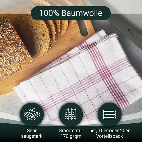 ZOLLNER 5er Set Geschirrtücher Baumwolle in 50x70 cm - super saugstarke und langlebige Küchentücher - waschbar bis 95°C – in rot weiß kariert - Gastronomiequalität - Oeko Tex® Zertifiziert