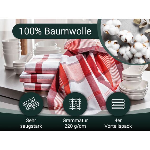 ZOLLNER 4er Set Geschirrtücher Baumwolle in 50x70 cm - saugstarke und robuste Küchentücher - waschbar bis 60°C – in rot kariert - Gastronomiequalität - Oeko Tex® Zertifiziert