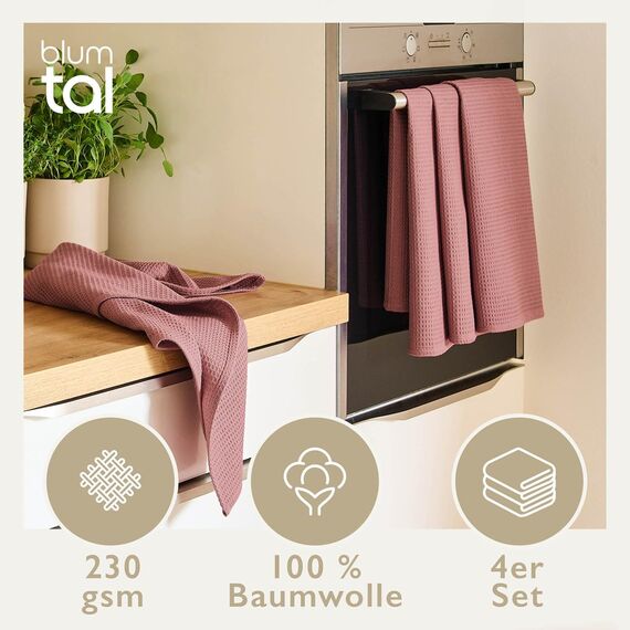 Blumtal® Geschirrtücher 50x70 cm im 4er Set - Geschirrtücher Baumwolle 100% - Küchentücher bei 60 °C waschbar - Küchentücher Baumwolle - Trockentücher Küche - Waffeltücher - Geschirrhandtuch in rosa