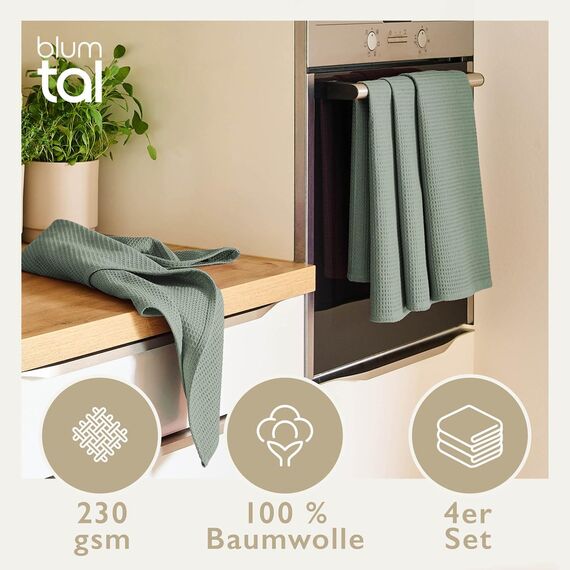 Blumtal® Geschirrtücher 50x70 cm im 4er Set - Geschirrtücher Baumwolle 100% - Küchentücher bei 60 °C waschbar - Waffeltuch - Spül- & Geschirrtücher - Putzlappen Baumwolle - Geschirrhandtuch in grün
