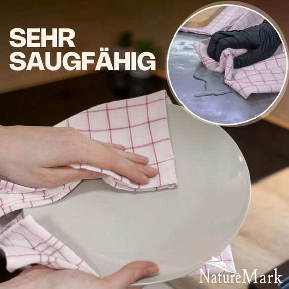 NatureMark 10er Set Geschirrtücher 50x70 cm – 100% Baumwolle, saugfähig & strapazierfähig – Geschirrtücher und Küchentücher für Haushalt und professionelle Küchen, inklusive E-Book, Farbe: Rot
