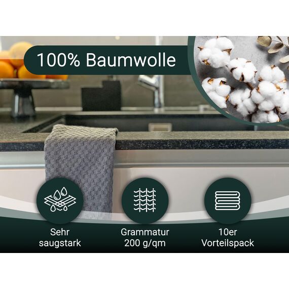ZOLLNER 10er Set Geschirrtücher Baumwolle in 45x60 cm - saugstarke und langlebige Küchentücher - waschbar bis 60°C – in grau - Gastronomiequalität - Oeko Tex® Zertifiziert
