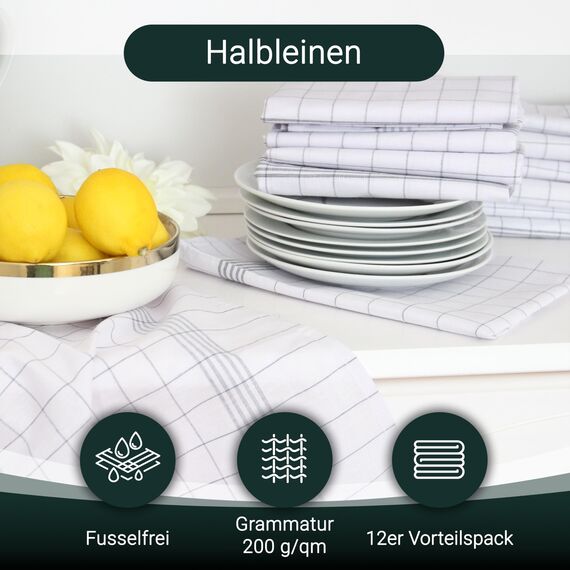 ZOLLNER 12er Set Geschirrtücher Halbleinen in 50x70 cm - super saugstarke und fusselfreie Küchentücher – waschbar bis 95°C – in grau weiß kariert - Gastronomiequalität - Oeko Tex® Zertifiziert