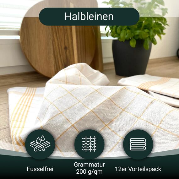 ZOLLNER 12er Set Geschirrtücher Halbleinen in 60x80 cm - super saugstarke und fusselfreie Küchentücher – waschbar bis 95°C – in gelb weiß kariert - Gastronomiequalität - Oeko Tex® Zertifiziert