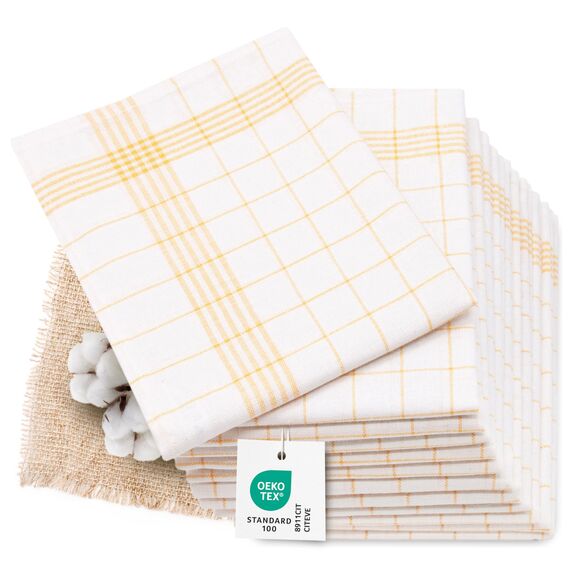 ZOLLNER 12er Set Geschirrtücher Halbleinen in 50x70 cm - super saugstarke und fusselfreie Küchentücher – waschbar bis 95°C – in gelb weiß kariert - Gastronomiequalität - Oeko Tex® Zertifiziert
