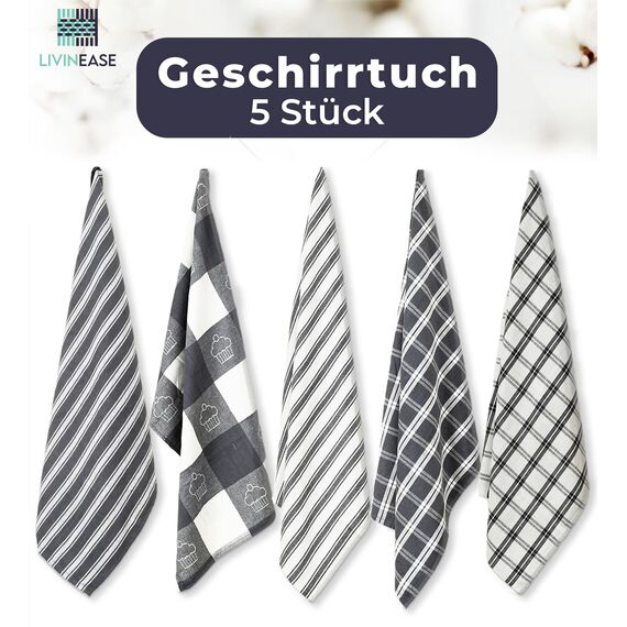LivinEase Geschirrtücher - Küchentücher aus 100% Baumwolle - 5er-Pack Saugfähiges Set 70 x 50 cm, Grau