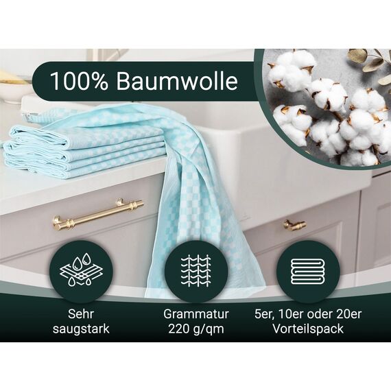 ZOLLNER 20er Set Geschirrtücher Baumwolle in 46x70 cm - super saugstarke und robuste Küchentücher – waschbar bis 60°C – in Mint kariert - Gastronomiequalität - Oeko Tex® Zertifiziert