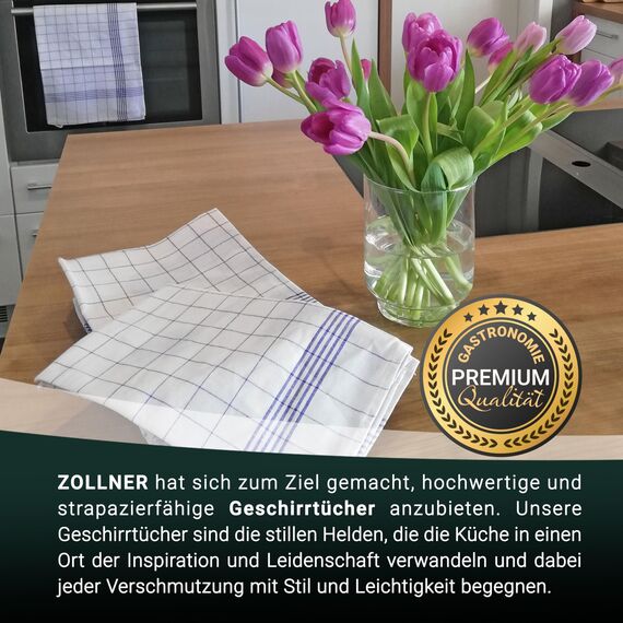 ZOLLNER 12er Set Geschirrtücher Halbleinen in 50x70 cm - super saugstarke und fusselfreie Küchentücher – waschbar bis 95°C – in blau weiß kariert - Gastronomiequalität - Oeko Tex® Zertifiziert