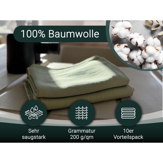 ZOLLNER 10er Set Geschirrtücher Baumwolle in 50x70 cm - super saugstarke und robuste Küchentücher - waschbar bis 60°C – in lindgrün - Gastronomiequalität - Oeko Tex® Zertifiziert